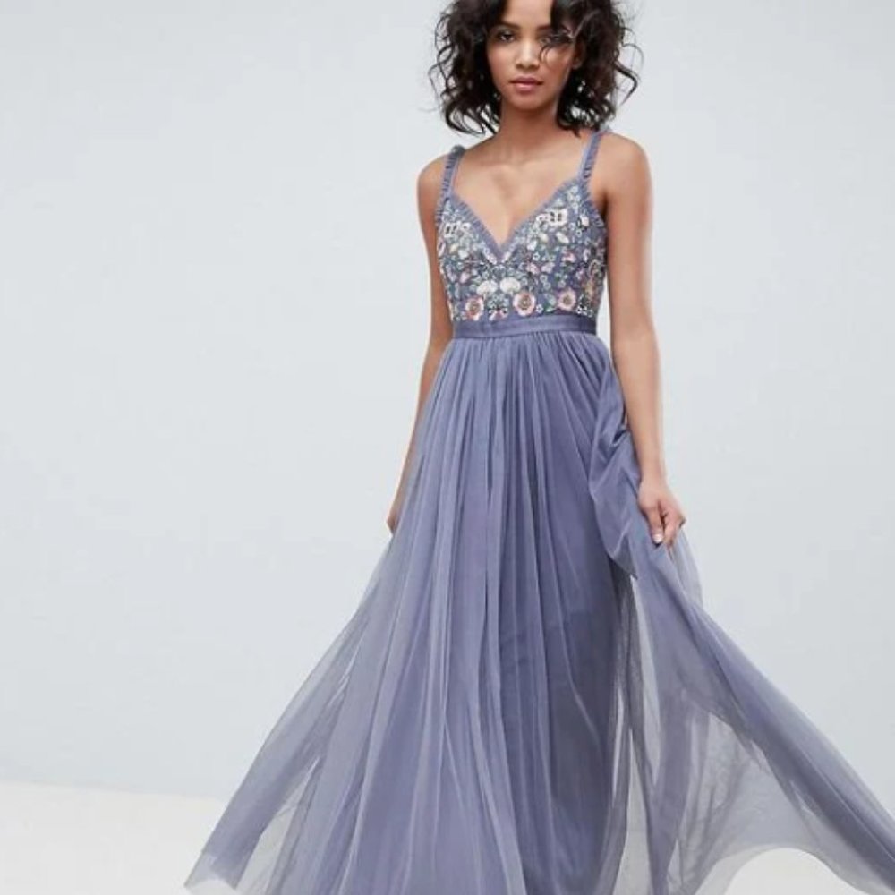 Needle & Thread Embroidered Bodice Cami Strap Maxi Dress, Vintage Navy (Gray)